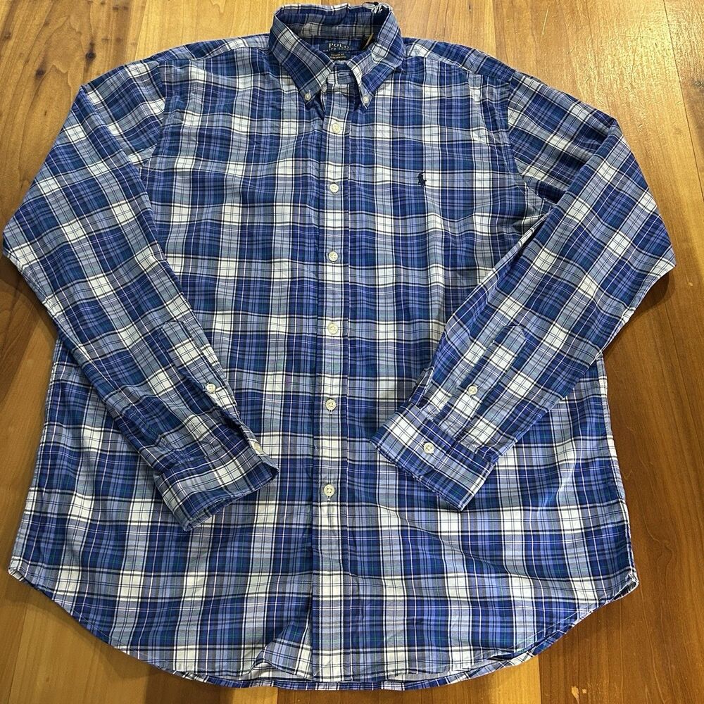 Polo Ralph Lauren Mens Classic Fit Performance Shirt Large Button Up Blue Plaid